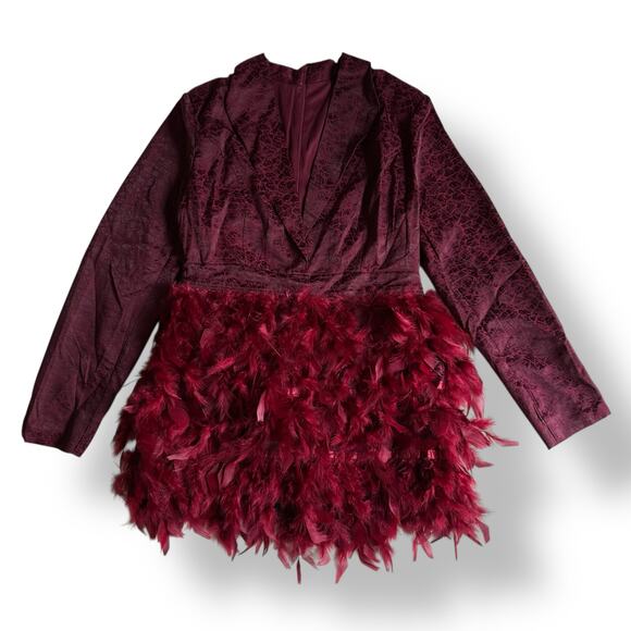 Loragal Feather Mini Dress NWT Burgundy Y2K Glam Party Editorial Vibes - Picture 1 of 9